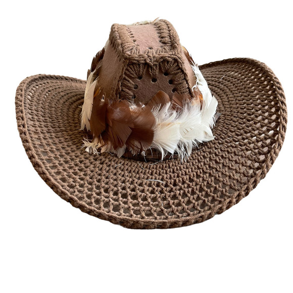 Vintage Handmade Crochet Feathers And Lace Hat Brown Women\'s OS